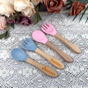 Personalized Baby Feeding Set: Wood & Silicone Spoon and Fork