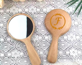 Personalized Wooden Handheld Mirror: Engraved Travel Makeup Vanity Gift
