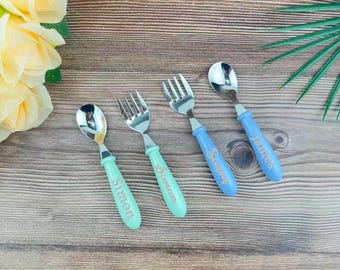 Personalized Stainless Steel Kids Utensil Set, Toddler Fork and Spoon, Baby Led Weaning Gift