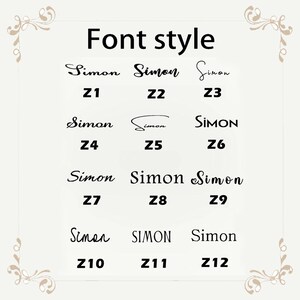 May include: A cream-colored graphic displaying various font styles. The text "Font style" is at the top. Below, the word "Simon" is written in different fonts, each labeled with a "Z" followed by a number, from Z1 to Z12.