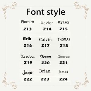 May include: A cream-colored graphic with the words "Font style" at the top. Below are examples of different font styles, each with a name and a corresponding code, such as "Ramiro Z13" and "Xavier Z14".