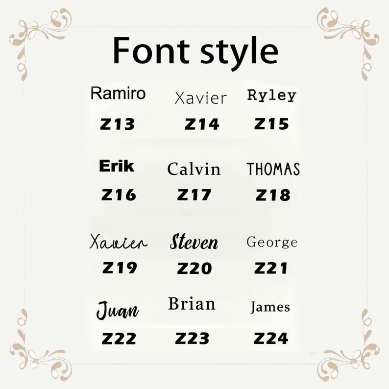 May include: A cream-colored graphic with the words "Font style" at the top. Below are examples of different font styles, each with a name and a corresponding code, such as "Ramiro Z13" and "Xavier Z14".