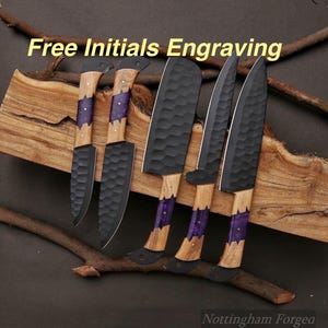 Kitchen Chef Knife Set 5 Pcs With Leather Roll Bag Hand Forged Sharp Blades Wood Handle Personalised Engraved Chef Knife Gift For Dad