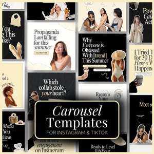 Op de afbeelding: Een verzameling Instagram- en TikTok-carrouseltemplates. De templates hebben een zwart-wit kleurenschema met verschillende afbeeldingen en tekstoverlays. De tekst bevat zinnen als "Propaganda I am falling for this summer" en "Why Everyone is Obsessed With [trend] This Summer."
