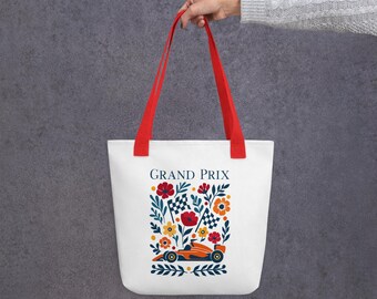 Grandprix Blumenformel 1 Racing Einkaufstasche – Motorsport-Design-Drucktasche – Wiederverwendbare, umweltfreundliche Einkaufstasche – Rote und Gelbe Griffe