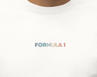 Regenboog geborduurd formule 1-T-shirt – minimalistisch shirt F1 racewagens – eenvoudig kleurrijk borduurwerk motorsport aangepast ontwerp - T-shirt uniseks