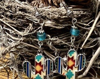 Fun Silver Tone Cactus Enamel Turquoise Green Bead Dangle Earrings Handmade NEW