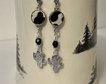 Silver Tone Black Tan Cow Hide Black Glass Cactus Dangle Earrings Handmade NEW