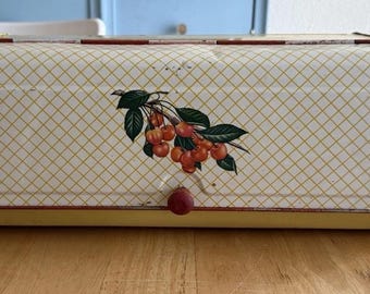 Vintage Decoware Metal Bread Box w/Yellow Lattice Pattern W/Cherry motif