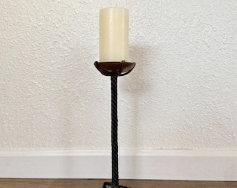 Vtg Braided Iron Copper Mission Stickley Pillar CandleHolder, 12" India