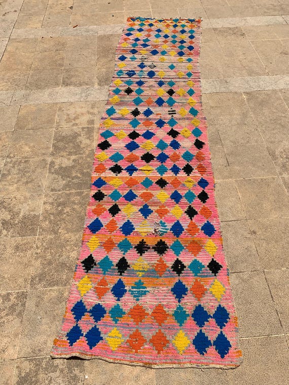 ヴィンテージ ベルベル 玄関ラグ：手織りモロッコウール、80 x 320 cm