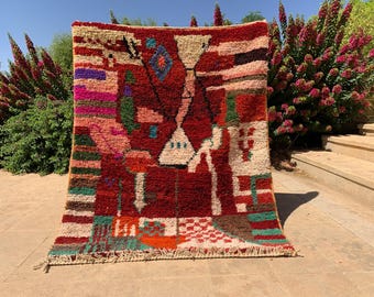 Handgefertigter Marokkanischer Wollteppich, Roter Berber Teppich, Authentisch Azilal Design