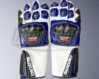 Suzuki GSX-R Leather Motorcycle Racing Gloves: Blue, Armored Protection