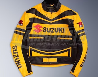 May include: Yellow and black motorcycle jacket with the Suzuki logo and GSX emblem. The jacket has a black collar and accents, with the text "SUZUKI" on the sleeves. The jacket also has the text "Ride With Confidence Wear With Pride".