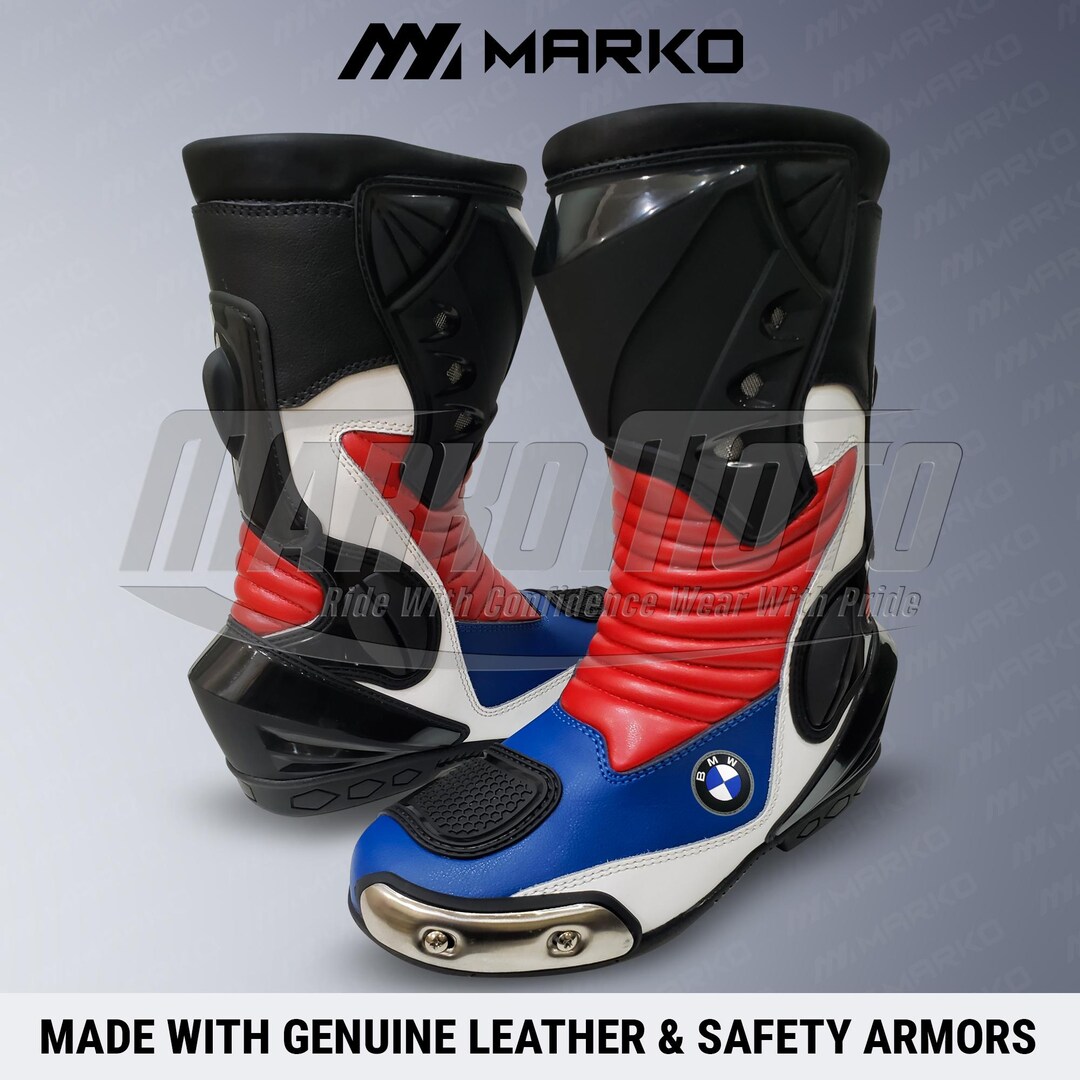 BMW Motorradレザーレーシングブーツ：レッド＆ブルー、カスタム