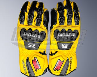 Suzuki GSX-R Yellow Leather Motorcycle Racing Gloves: Armored Protection