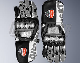 Ducati Motorcycle Race Gloves, Premium Leather, Knuckle Armor