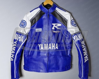 ヤマハブルーレザーバイクジャケット：ヴィンテージレーシングバイカー