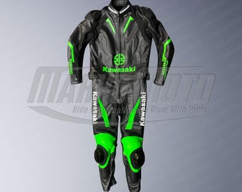 Kawasaki Ninja Motorcycle Leather Race Suit: Cowhide & Kangaroo Leather