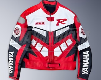YAMAHA Men Motorbike Racing Leather Jacket Red & White Available