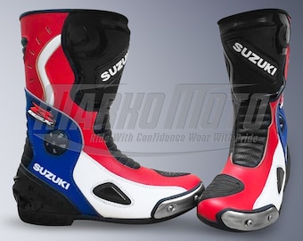 Leren motorlaarzen Suzuki GSX-R: racerood en blauw, custom fit