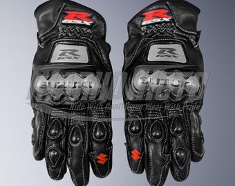 Suzuki GSX-R Black Leather Motorcycle Racing Gloves: Armored, Ergonomic Fit