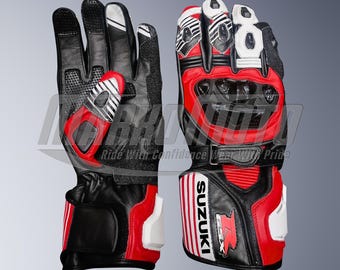 Suzuki GSX-R Red Leather Motorcycle Racing Gloves: Armored, Ergonomic Fit