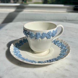 Vintage Wedgwood Embossed Queen’s Ware Cup & Saucer Set – Lavender on Cream – Made in England