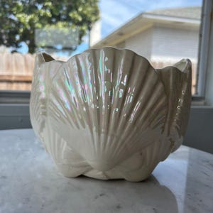 May include: A pearlescent white ceramic seashell-shaped planter. The planter has a scalloped rim and a textured surface, with iridescent highlights. The planter is designed to resemble a large seashell, suitable for decorative use.