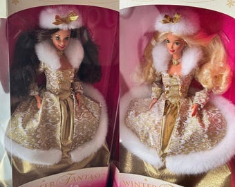 barbie doll winter dress Fantasy Special Edition (1996) – Blonde or Brunette Choice – Gold Brocade Gown tone belt hanging at Satin Swank Birthday Queen Dress - Size:15 - M