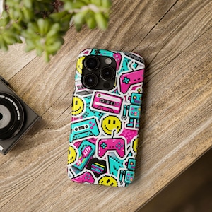 Retro Gaming Icons Phone Case | 90s Pixel Controller Cassette Smileys
