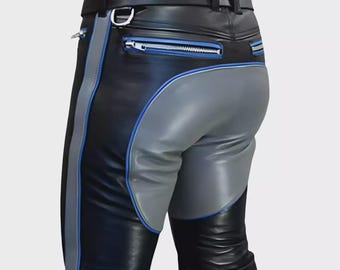 Biker Leather Pants in Genuine Cowhide, Double Zip Design with Custom Options