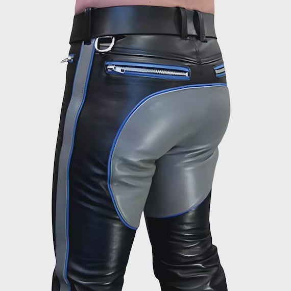 Biker Leather Pants in Genuine Cowhide, Double Zip Design with Custom Options