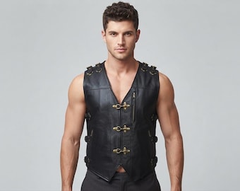 Genuine Leather Biker Vest, Punk Gothic Festival Wear, Adjustable Hardware