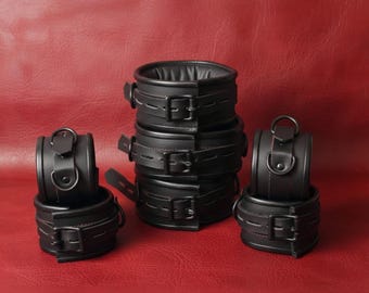 Leather Bondage Cuffs Set – Wrist & Ankle Restraints with Collar, Adjustable Adult Couples Play Gift for Him Mature