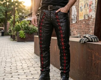 Men's Black Leather Lace-Up Pants, Red Gothic Biker Trousers