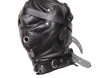 Bondage Hood, Black Leather Gimp Mask with Adjustable Head Harness