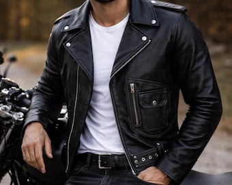 Handmade Vintage Black Leather Bomber Jacket for Mens 90s Retro