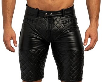Men’s Leather Quilted Cargo Shorts Biker Motorcycle Casual Outerwear