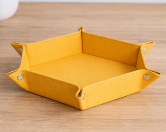 Handmade Yellow Leather Valet Tray – Hexagonal Desk Organizer