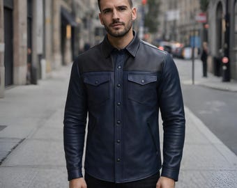 Mens Blue Leather Shirt - Slim Fit Biker Style
