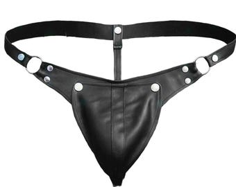 Leather Jockstrap with Removable Codpiece, Durable Black Thong for Men