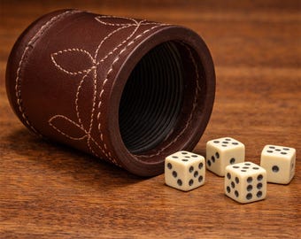 Handmade Brown Leather Dice Cup with 5 Dice, Ribbed Interior