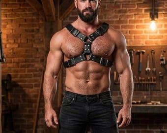 Men's Genuine Leather Chest Harness: Adjustable Straps, Clubwear Rave Outfit