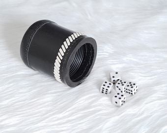 Handmade Black Leather Dice Cup with 5 Dice – Ribbed Interior