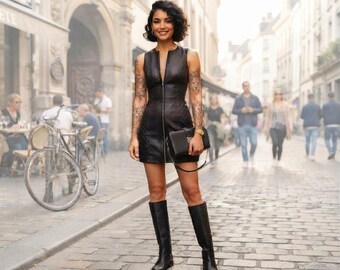 Leather Mini Dress, Quilted Zip Front Bodycon Dress, Sleeveless Fitted Dress