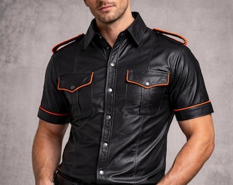 Handmade Black Leather Shirt, Western Style Biker Shirt, Casual Street Wear, Gift for Him