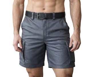 Men Leather Cargo Shorts, Biker Streetwear Outfit