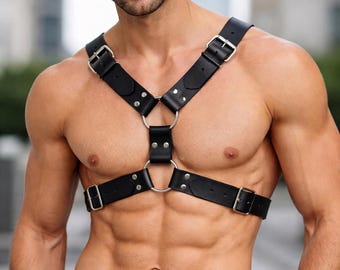 Leather Harness Men, Adjustable Chest with O Ring for Rave