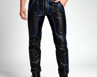 Men's Black Leather Biker Pants – Slim Fit with Blue Piping
